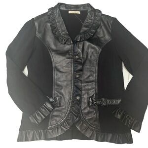 Elegant Black Ruffled Leather Women's Sweater Jacket Size M